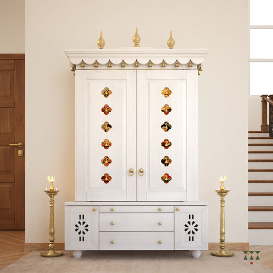 White wardrobe with decorative elements in a room with wooden floor and staircase.