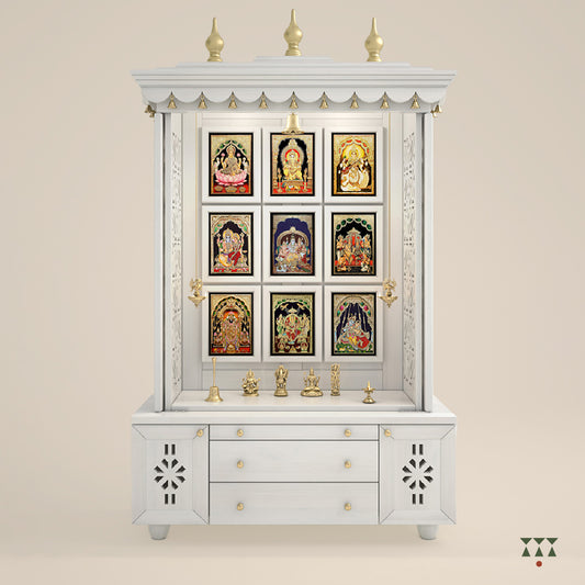 White wooden with decorative items on a beige background