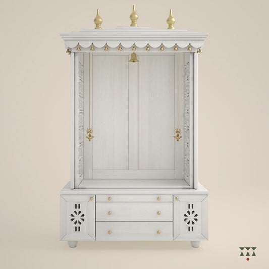 White cabinet with gold accents on a beige background
