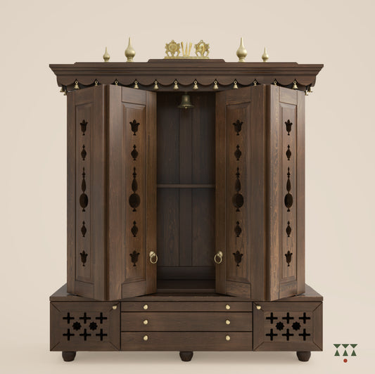 A pooja mandir in mocha brown color with brass bells and shank chakra namah.