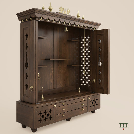 A pooja mandir with shelves in mocha brown color with brass bells and shank chakra namah.