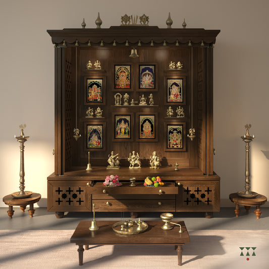 A home temple in a living room decorated with pooja essentials