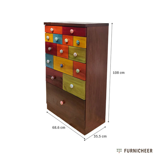Wooden dresser with colorful drawers and dimensions labeled, branded as Furnicheer.