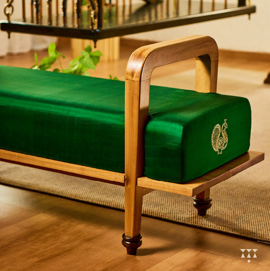 Jess Lux | A long bench draped in silk
