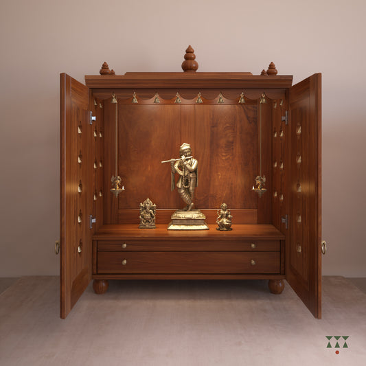 Ojas, handcrafted wooden Mandir with door