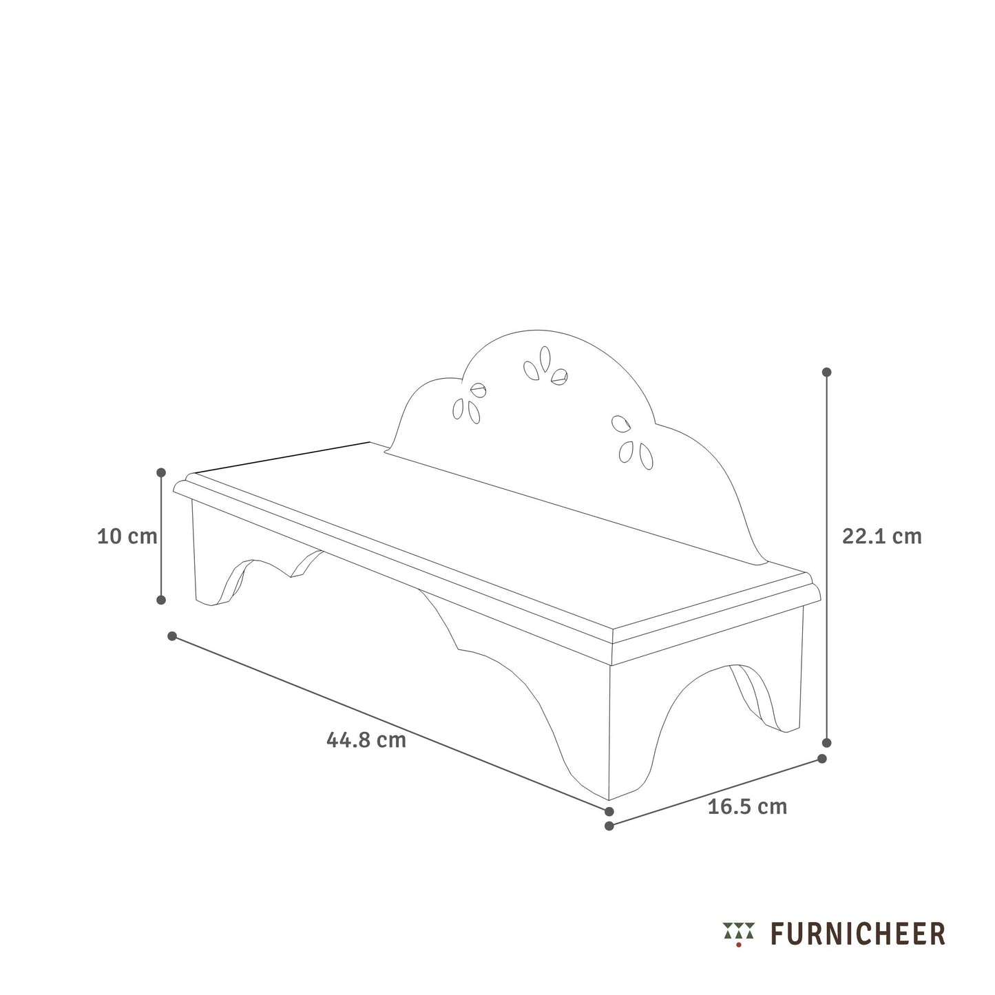 Measurement chart of a pooja platform with dimensions labeled, featuring the brand 'Furnicheer'.