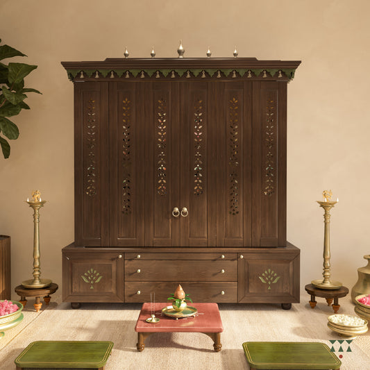 Wooden pooja altar with decorative elements and brass accessories in a room setting