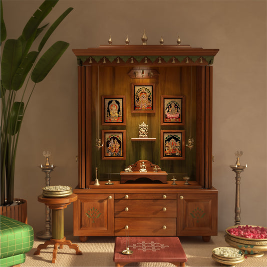 Wooden altar with decorative items in a room setting