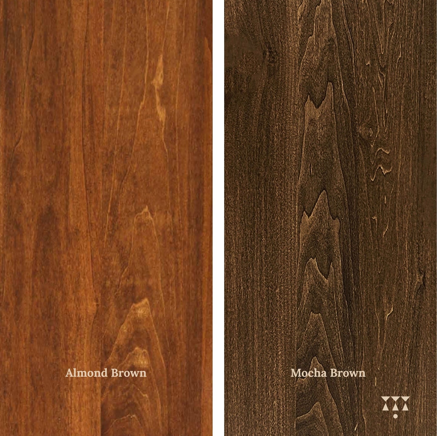 Two wood finishes labeled 'Almond Brown' and 'Mocha Brown' on a white background.