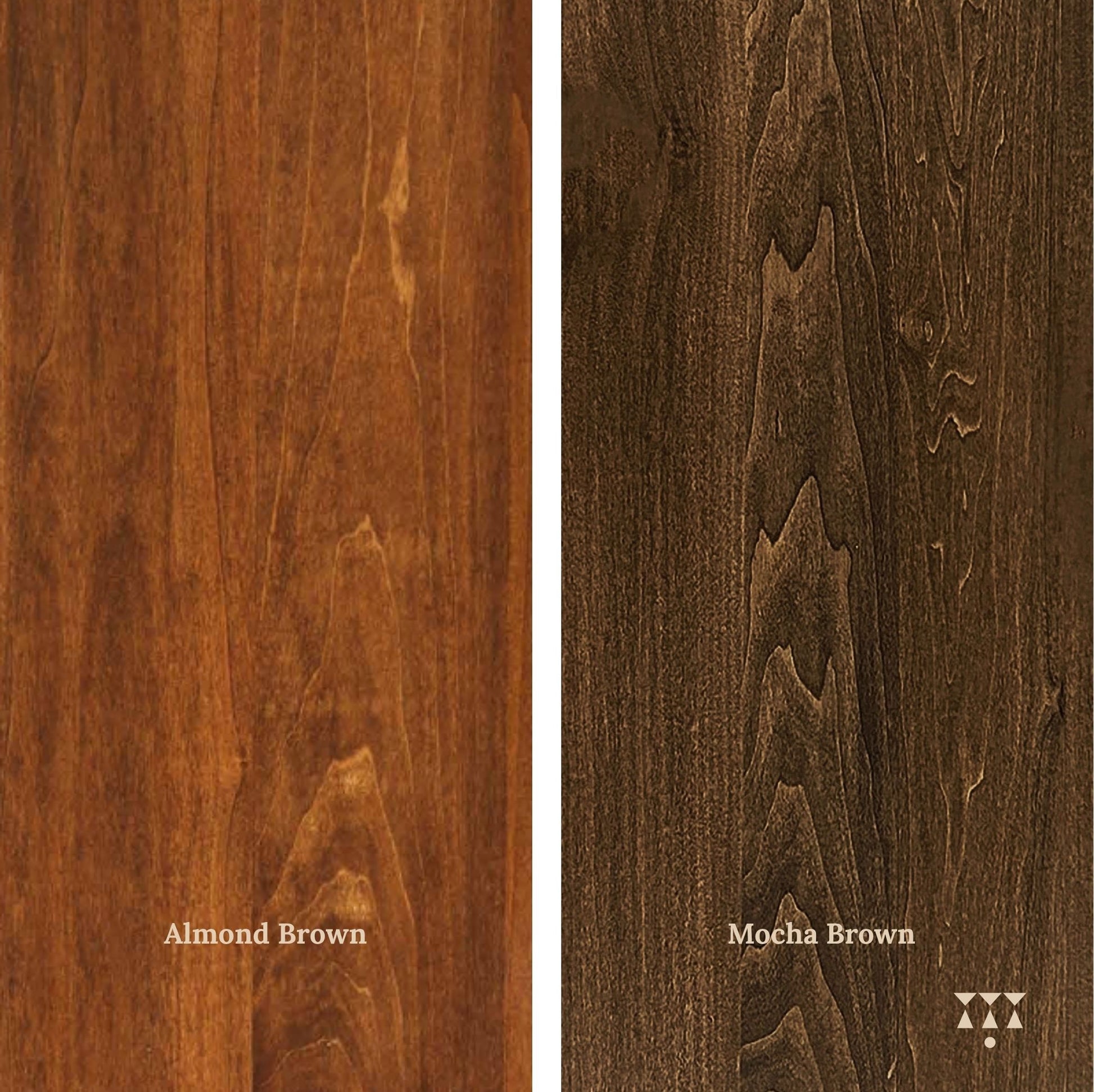 Two wood finishes labeled 'Almond Brown' and 'Mocha Brown' on a white background.