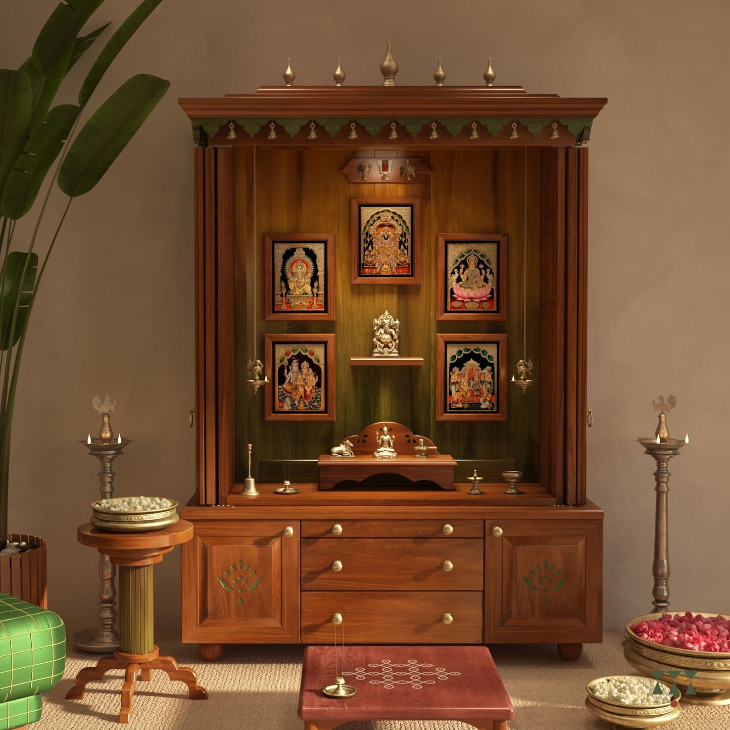 Wooden pooja unit with decorative items in a room setting