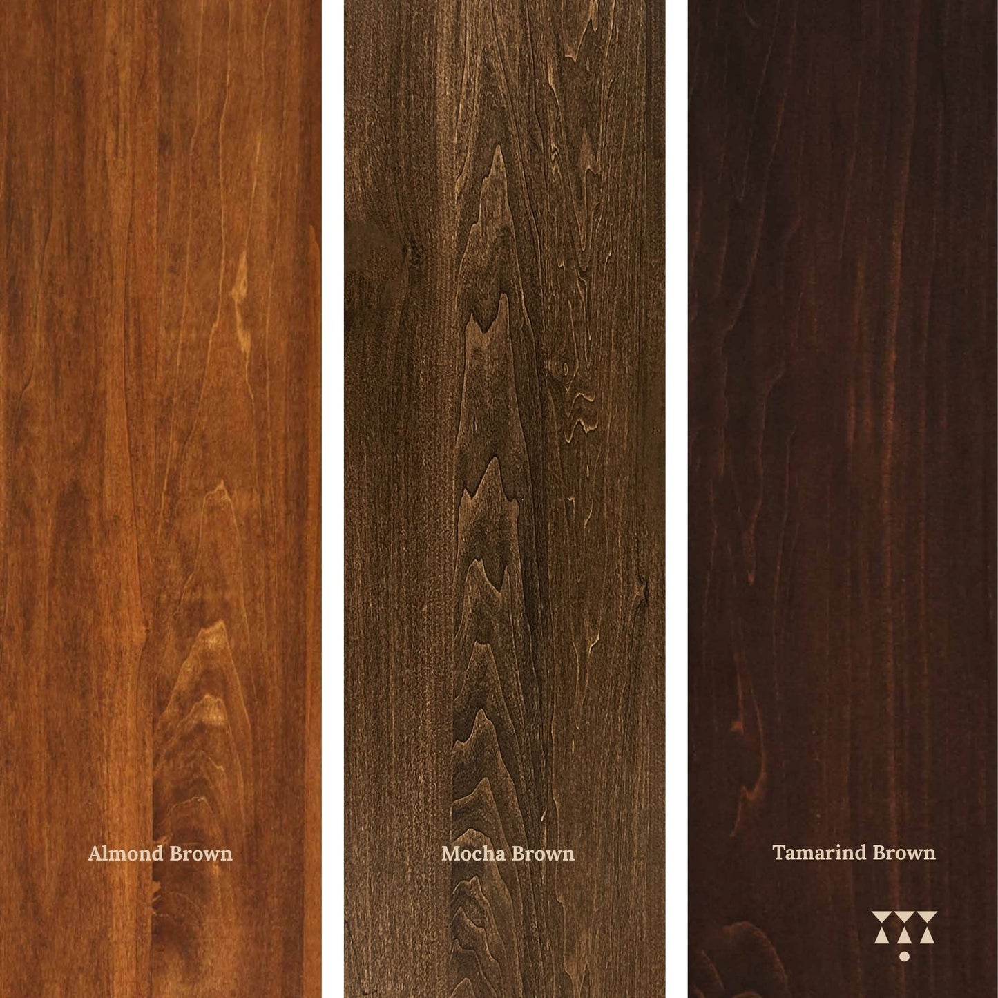 Three different wood finishes labeled 'Almond Brown', 'Mocha Brown', and 'Tamarind Brown'.