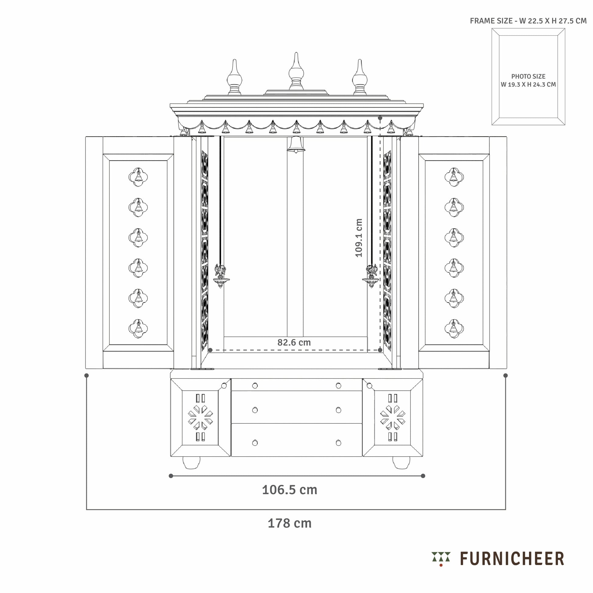 Technical drawing of a piece of furniture with dimensions labeled, featuring the brand 'Furnicheer'.