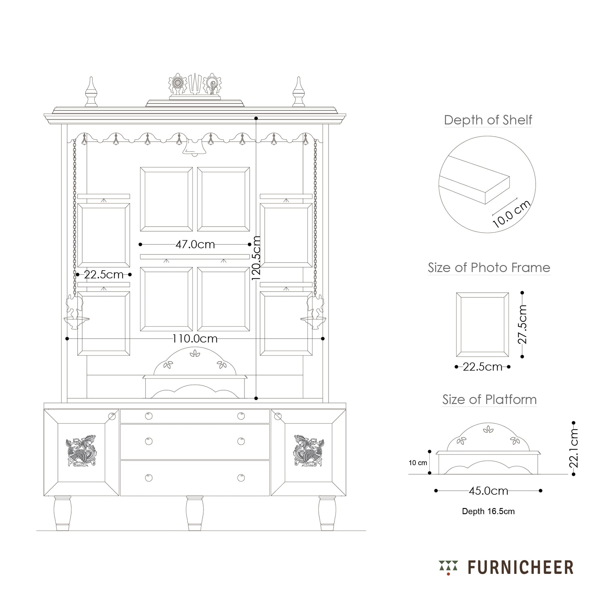 Technical drawing of a wooden cabinet with dimensions labeled, featuring the brand 'Furnicheer'.