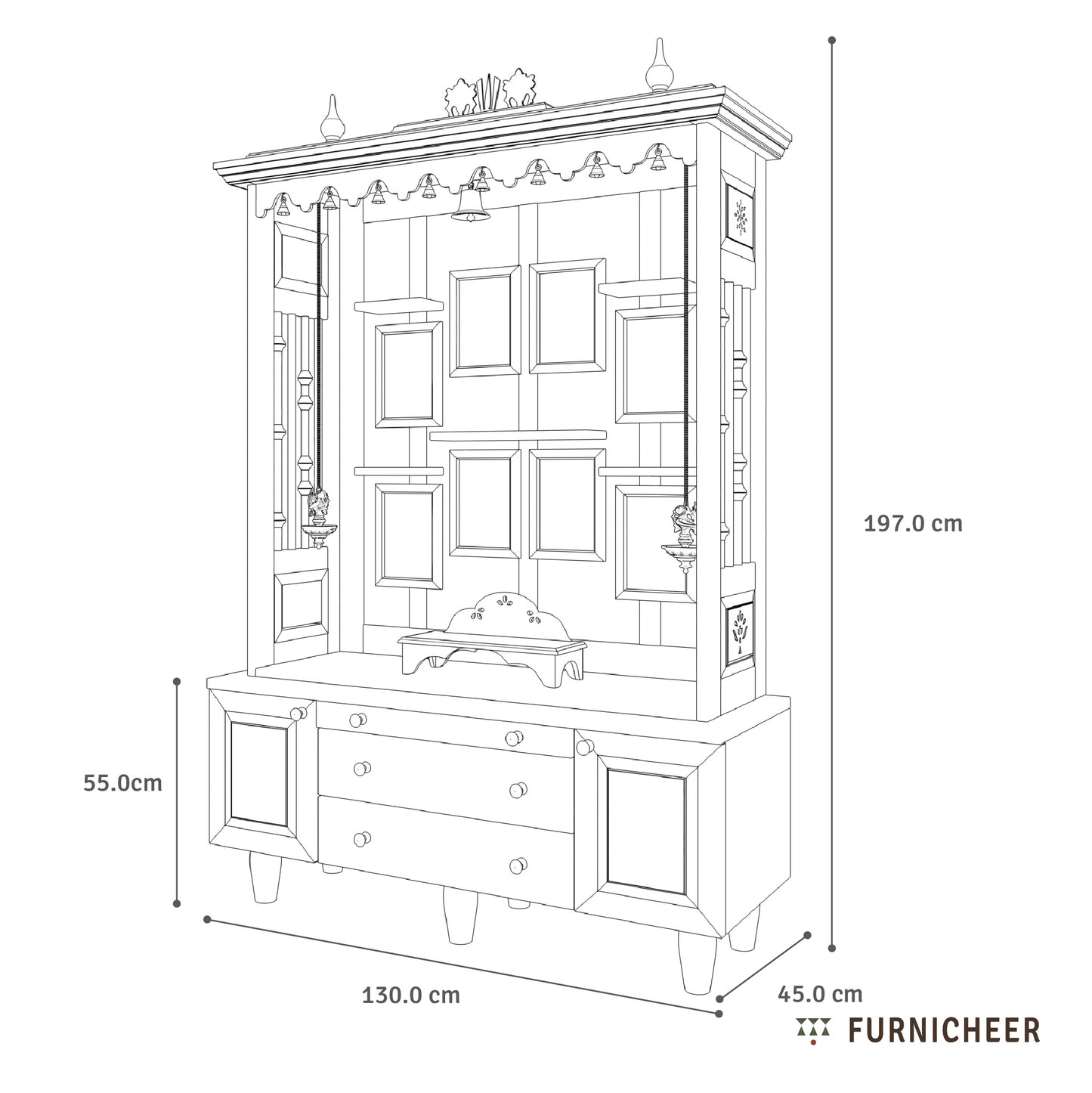 Line drawing of a wooden cabinet with dimensions labeled, featuring the brand 'Furnicheer'.
