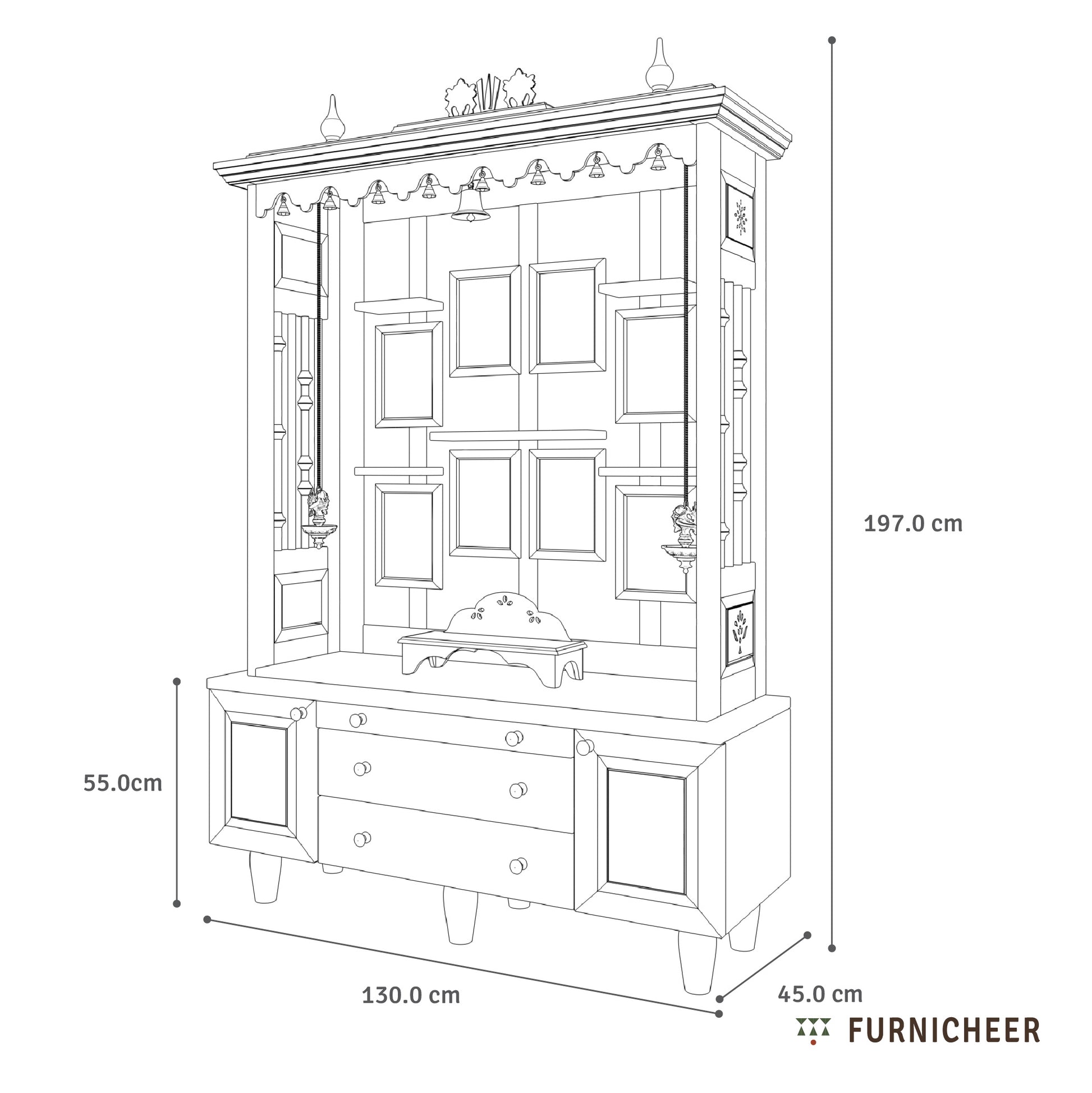 Line drawing of a wooden cabinet with dimensions labeled, featuring the brand 'Furnicheer'.