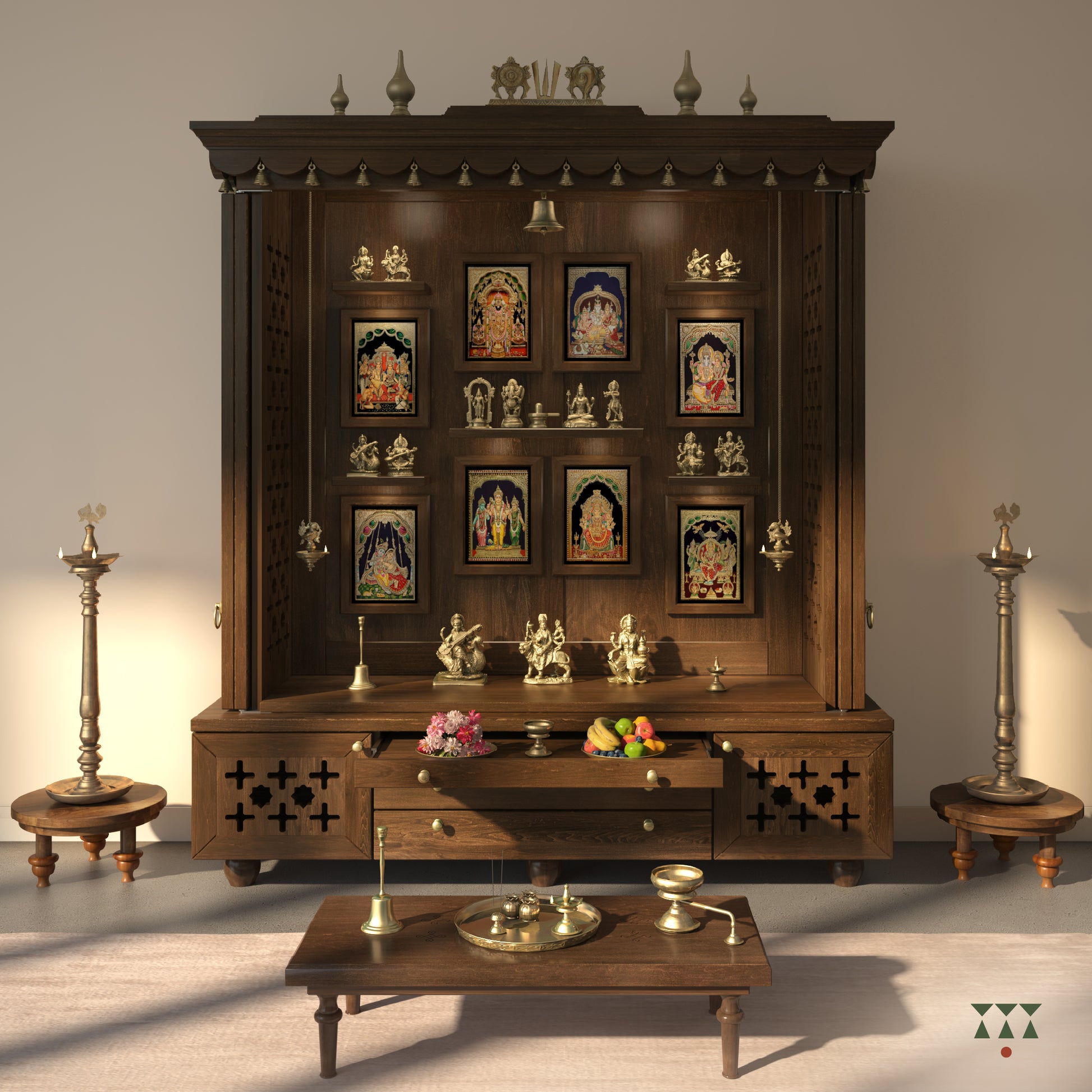 A home temple in a living room decorated with pooja essentials