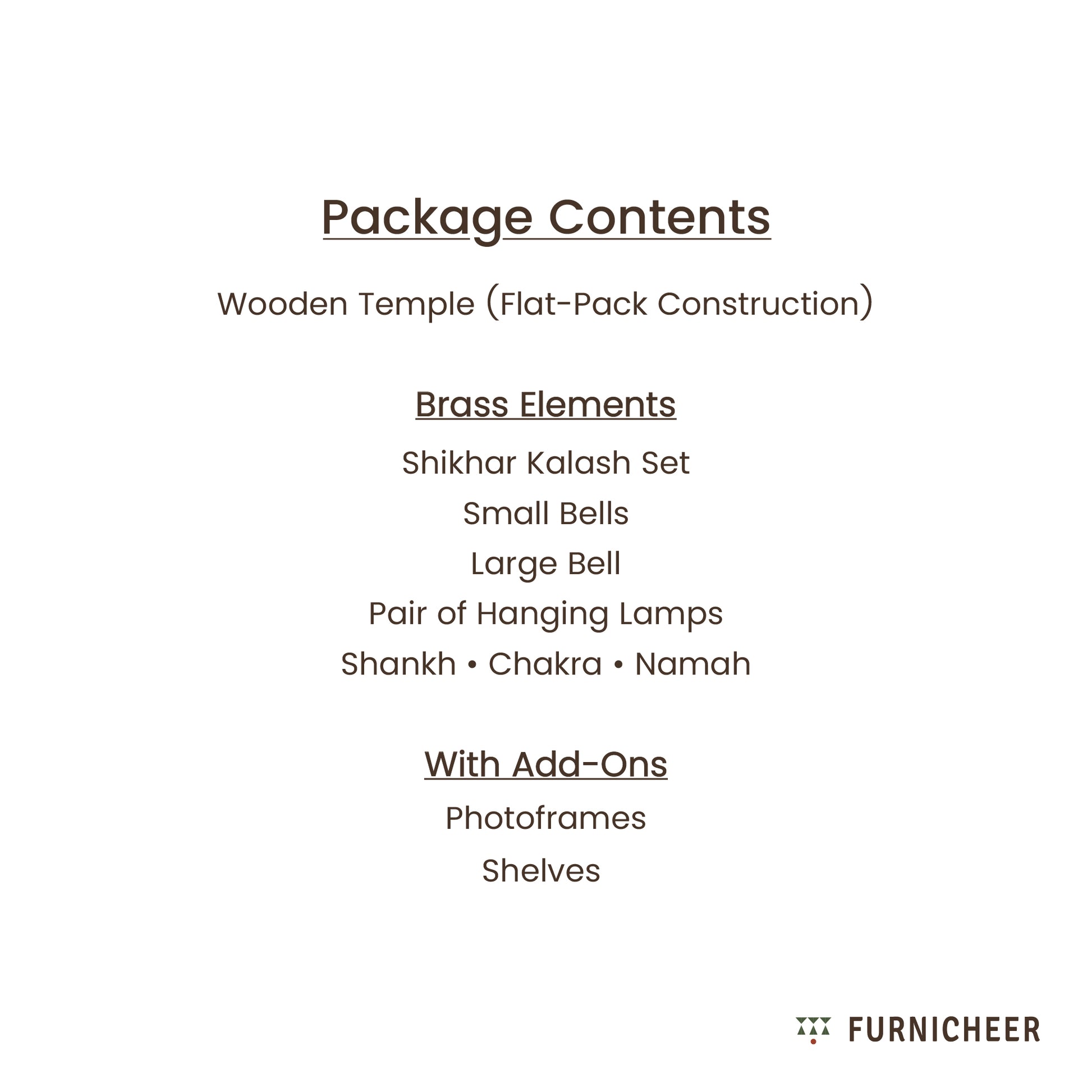 List of package contents of the home temple along with brass accessories and photoframes