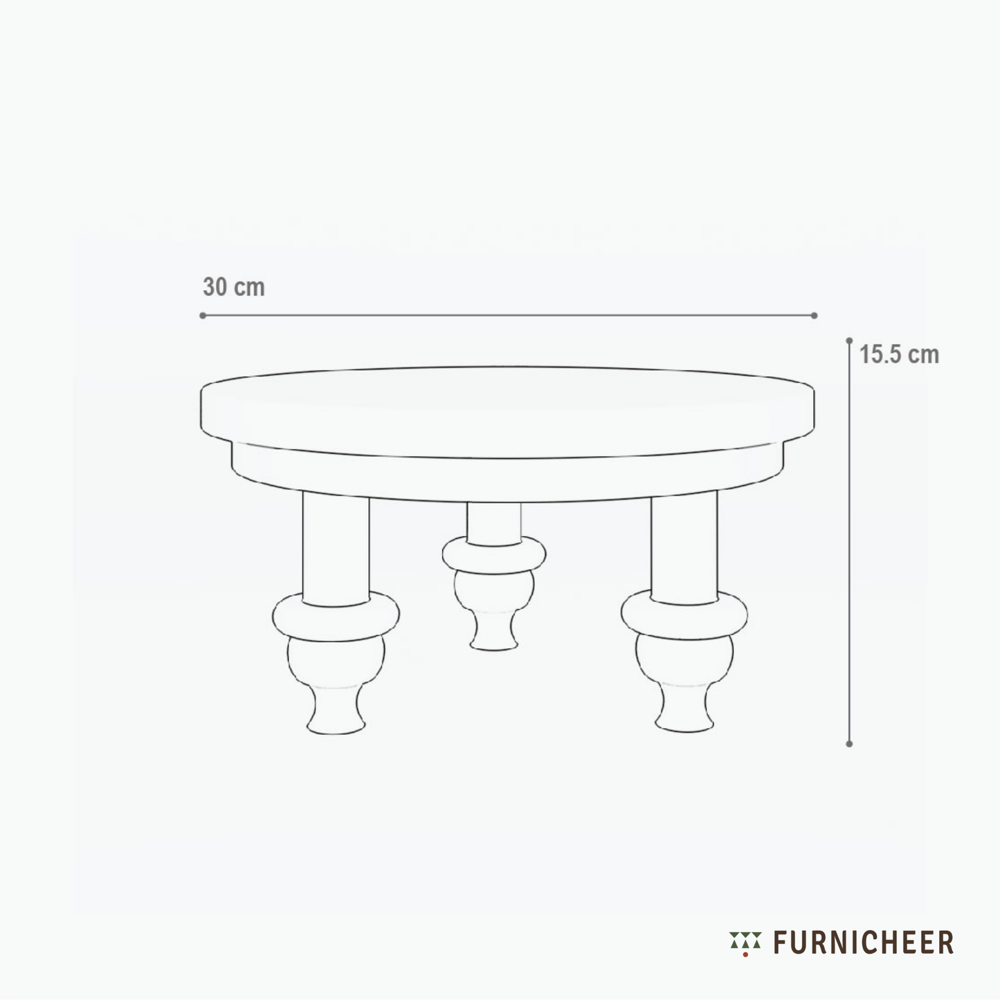 Measurement diagram of a small round table with dimensions and Furnicheer branding.