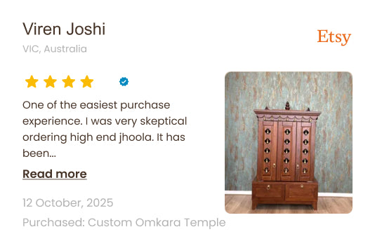 Etsy listing with a wooden cabinet and customer review text.