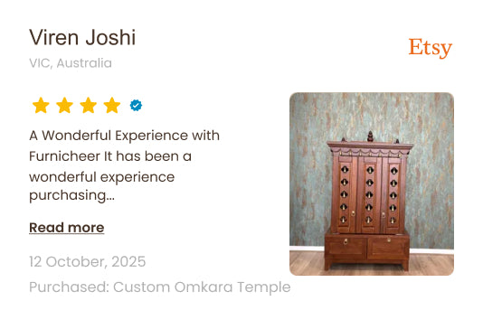 Etsy listing with a wooden cabinet and customer review text.