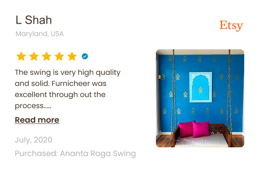 Product listing on Etsy with a swing and customer review.
