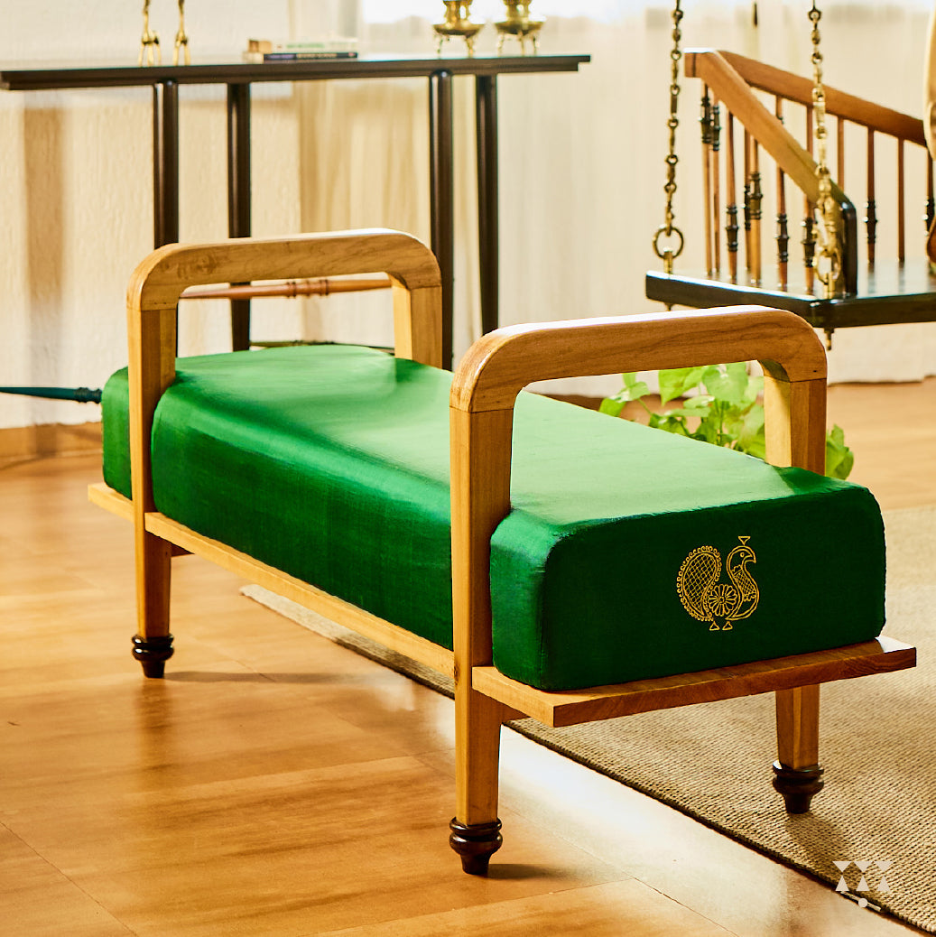 Jess Lux | A long bench draped in silk