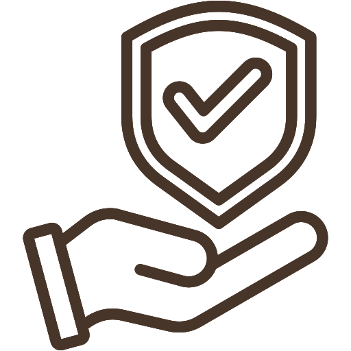 Icon of a hand holding a shield with a checkmark, symbolizing protection or approval.
