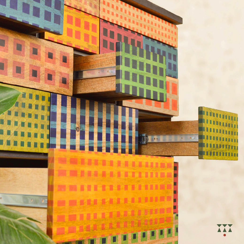 Close up of drawers with madras checks facia pattern