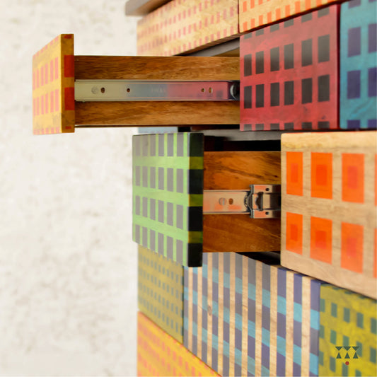 Close up of drawers with madras checks facia pattern