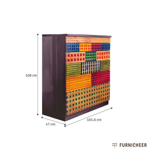 Multicolored patterned cabinet with dimensions and Furnicheer branding