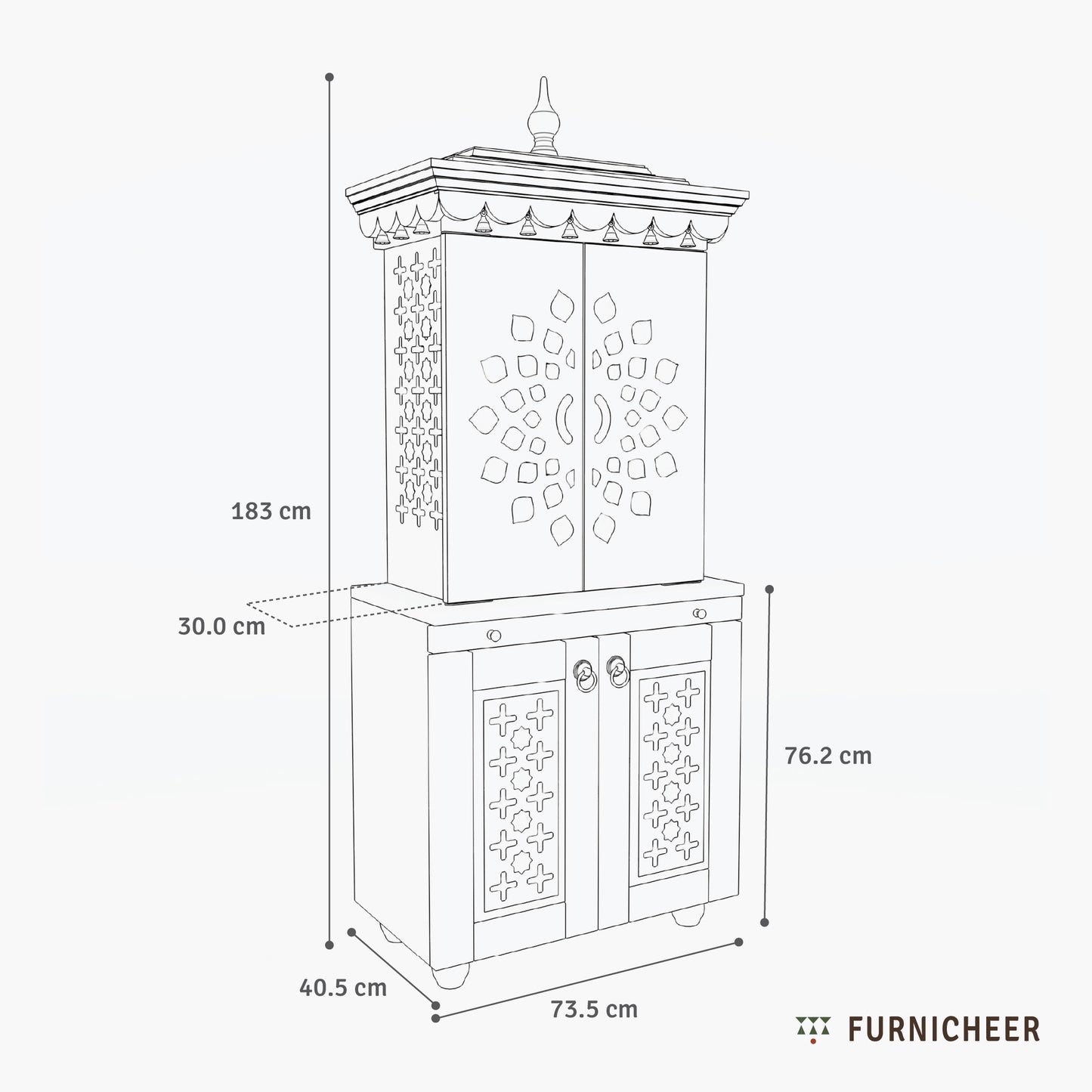 Dimensions of a decorative cabinet with intricate patterns, labeled in centimeters, on a white background.