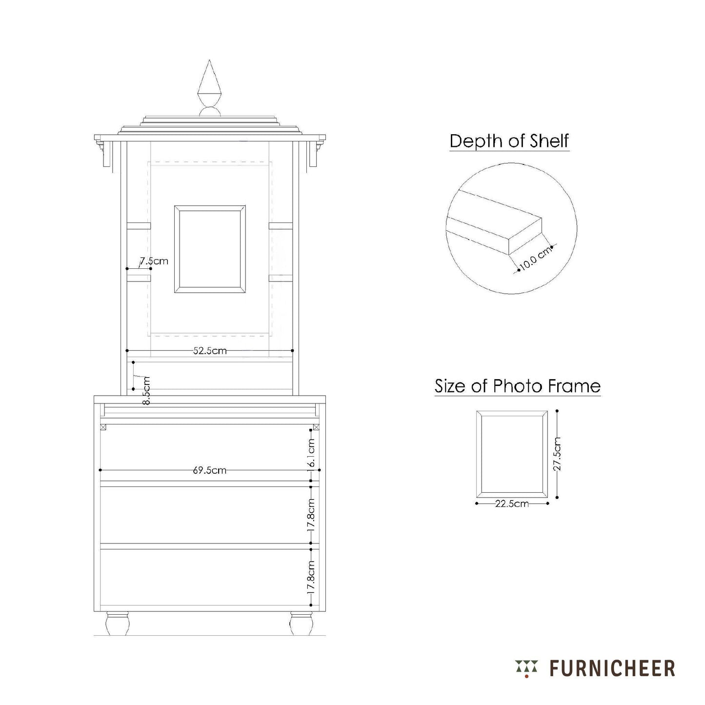Technical drawing of a wooden cabinet with measurements and Furnicheer logo.