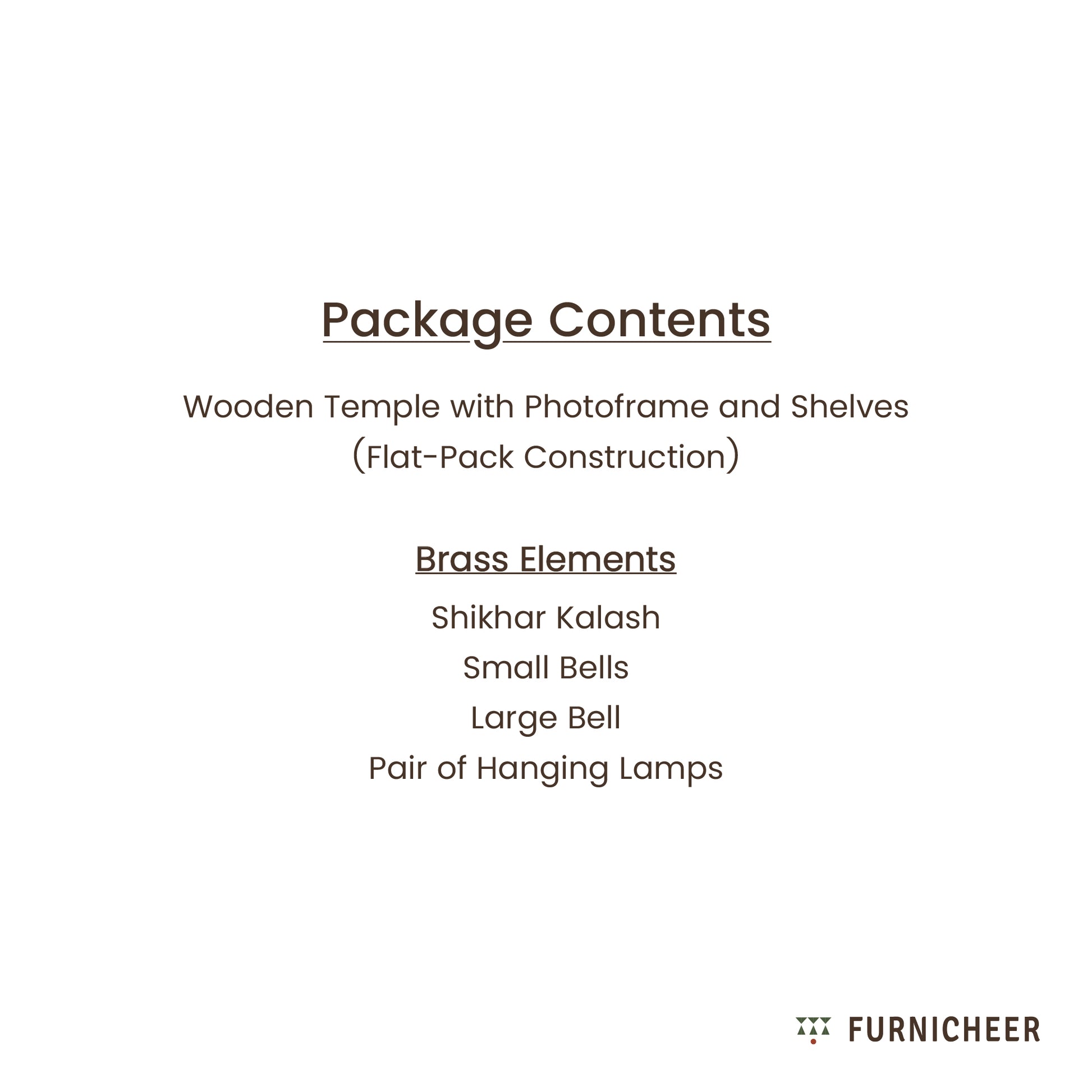 Package contents list for a wooden temple with photo frame and shelves, including brass elements