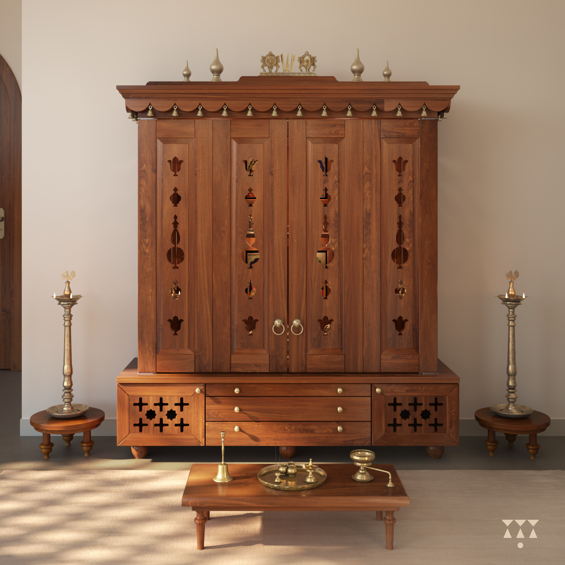Wooden pooja cabinet with intricate carvings in a room setting
