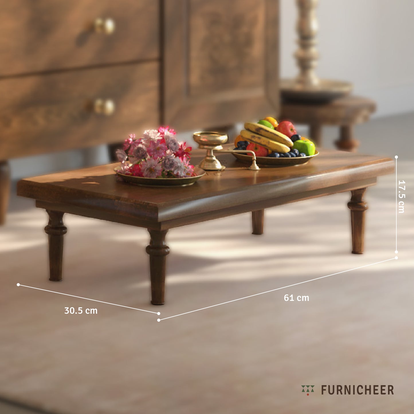 Wooden table with decorative items and measurements, branded 'Furnicheer'.