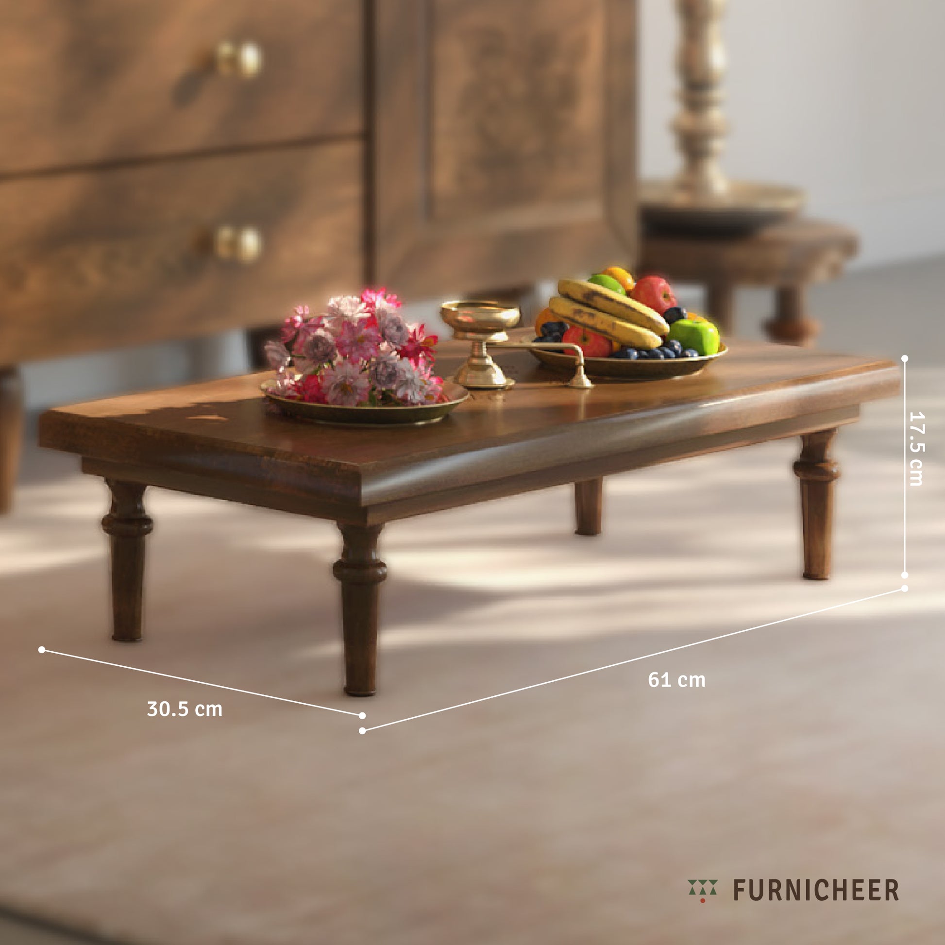 Wooden table with decorative items and measurements, branded 'Furnicheer'.
