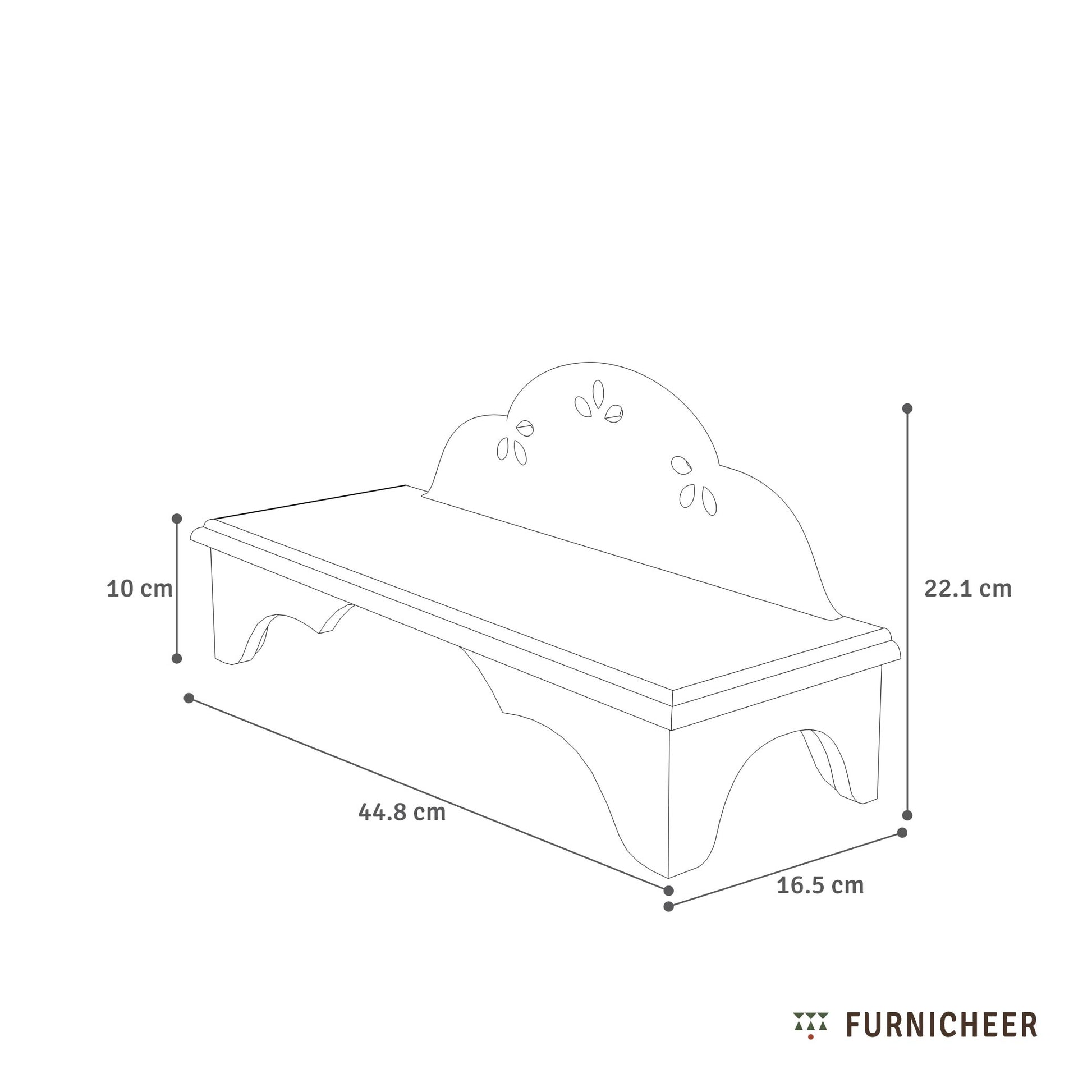 Measurement chart of a pooja platform with dimensions labeled, featuring the brand 'Furnicheer'.