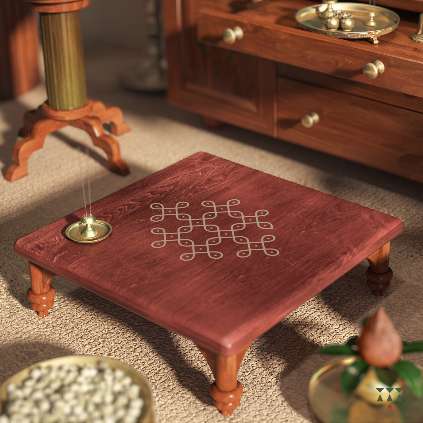 Wooden table with kolam design in a warm-toned room