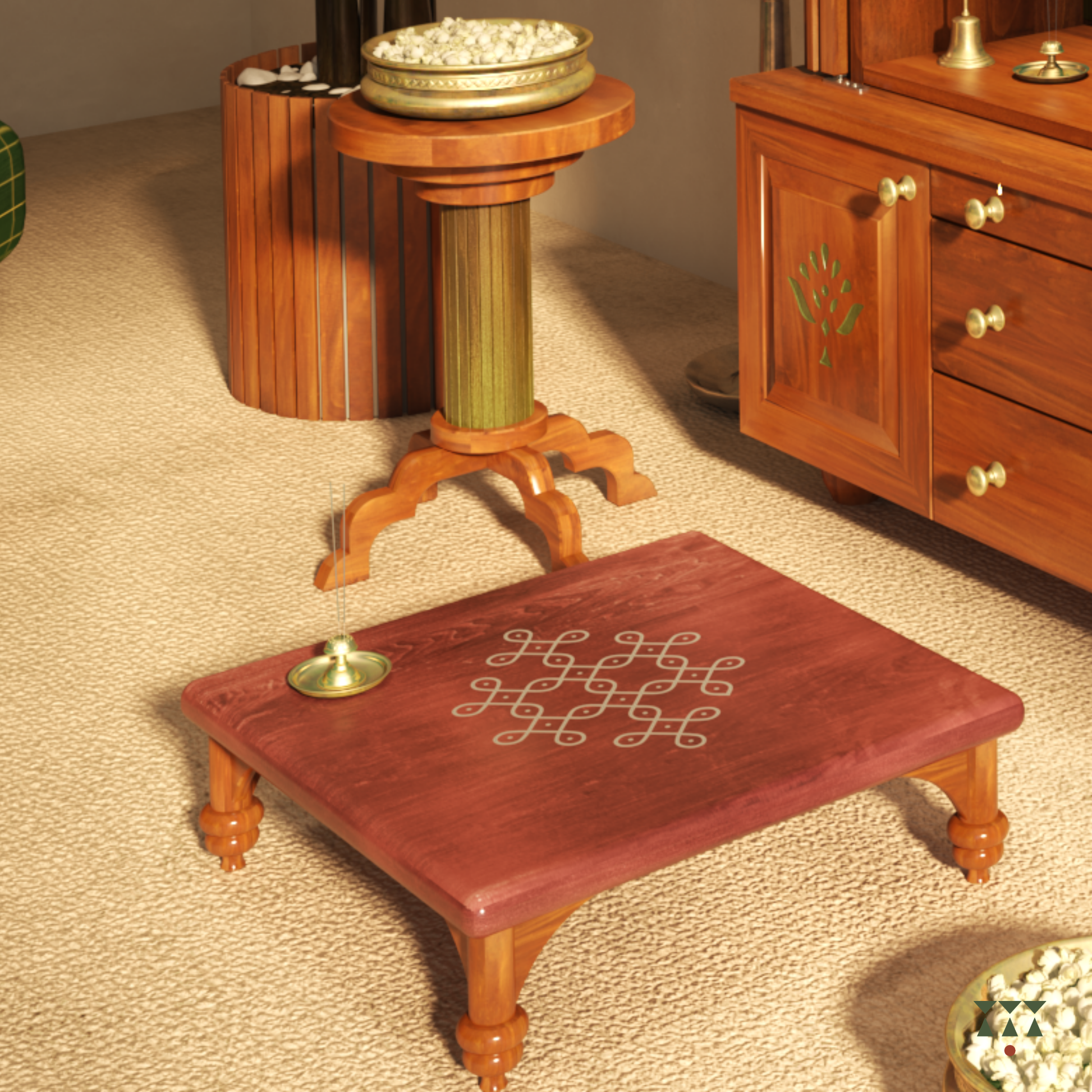 Wooden table with kolam design on a beige carpet