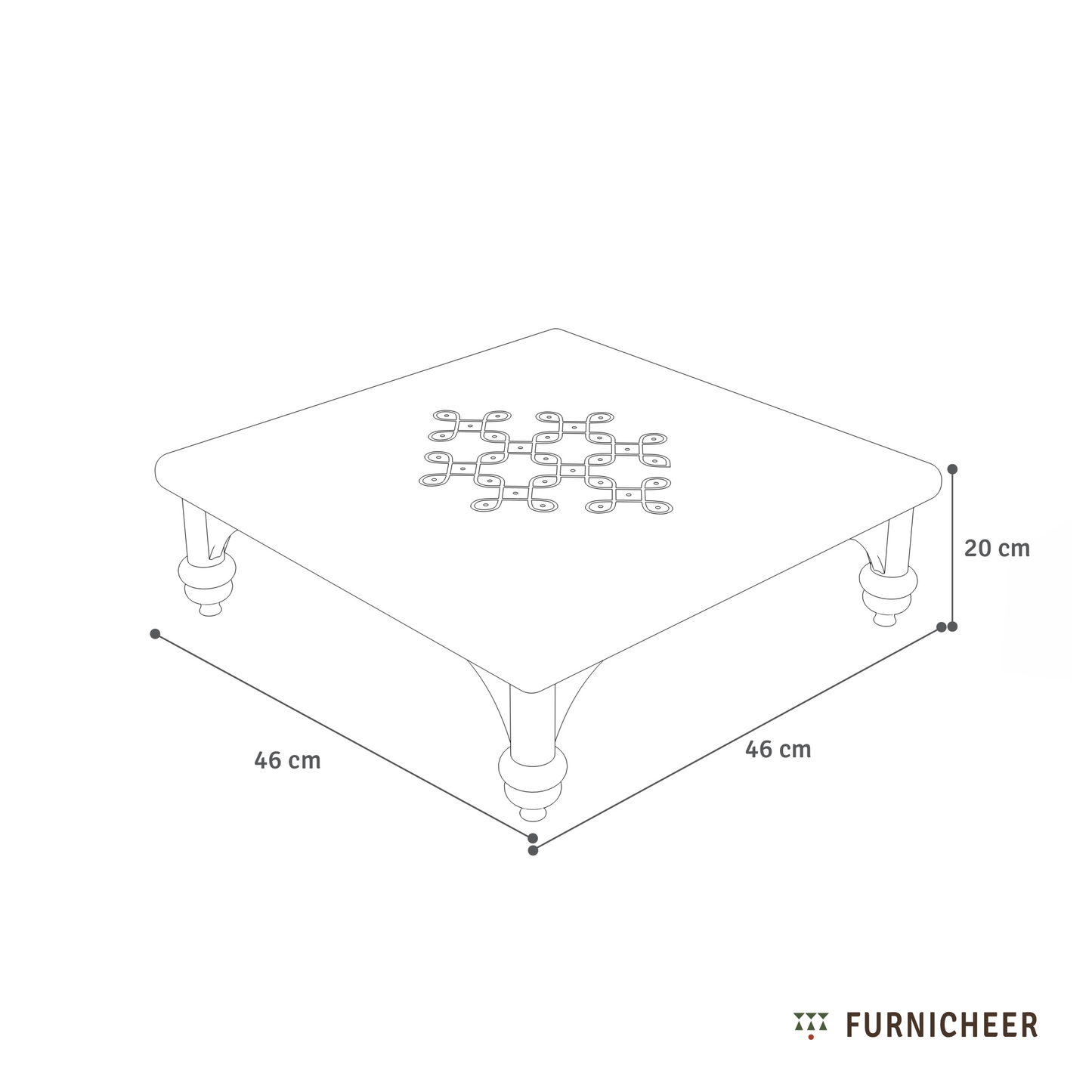 Diagram of a square table with dimensions labeled, featuring the brand 'Furnicheer'.