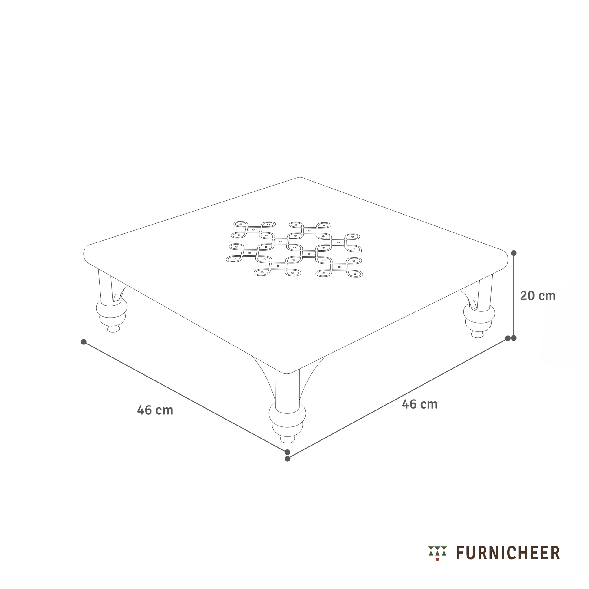 Diagram of a square table with dimensions labeled, featuring the brand 'Furnicheer'.
