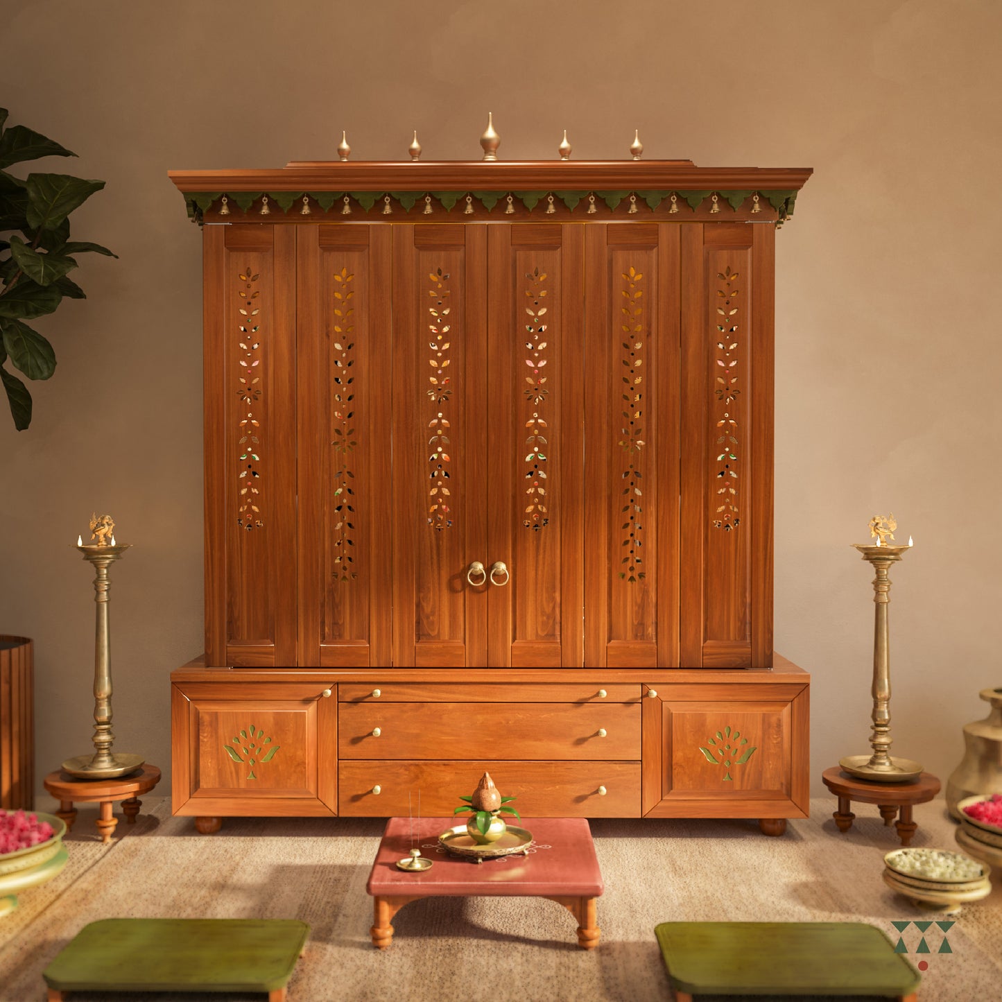Wooden pooja altar with decorative elements and brass accessories in a room setting