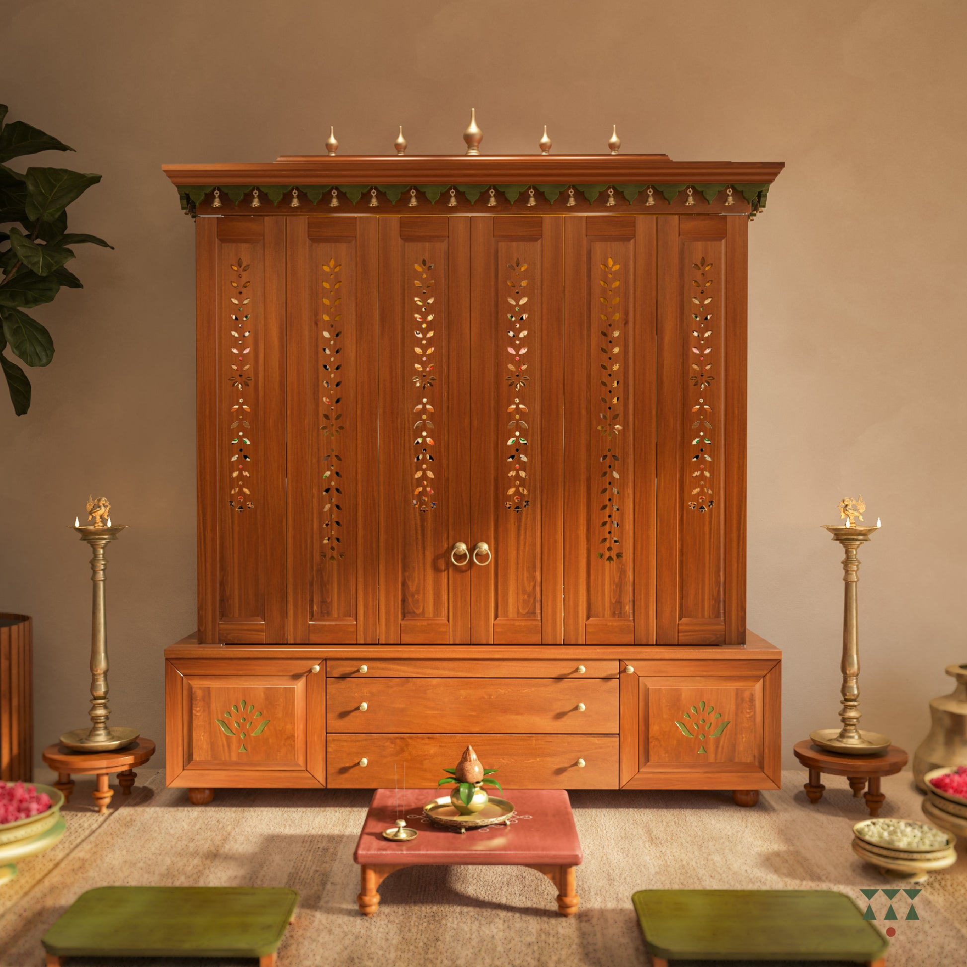 Wooden pooja altar with decorative elements and brass accessories in a room setting