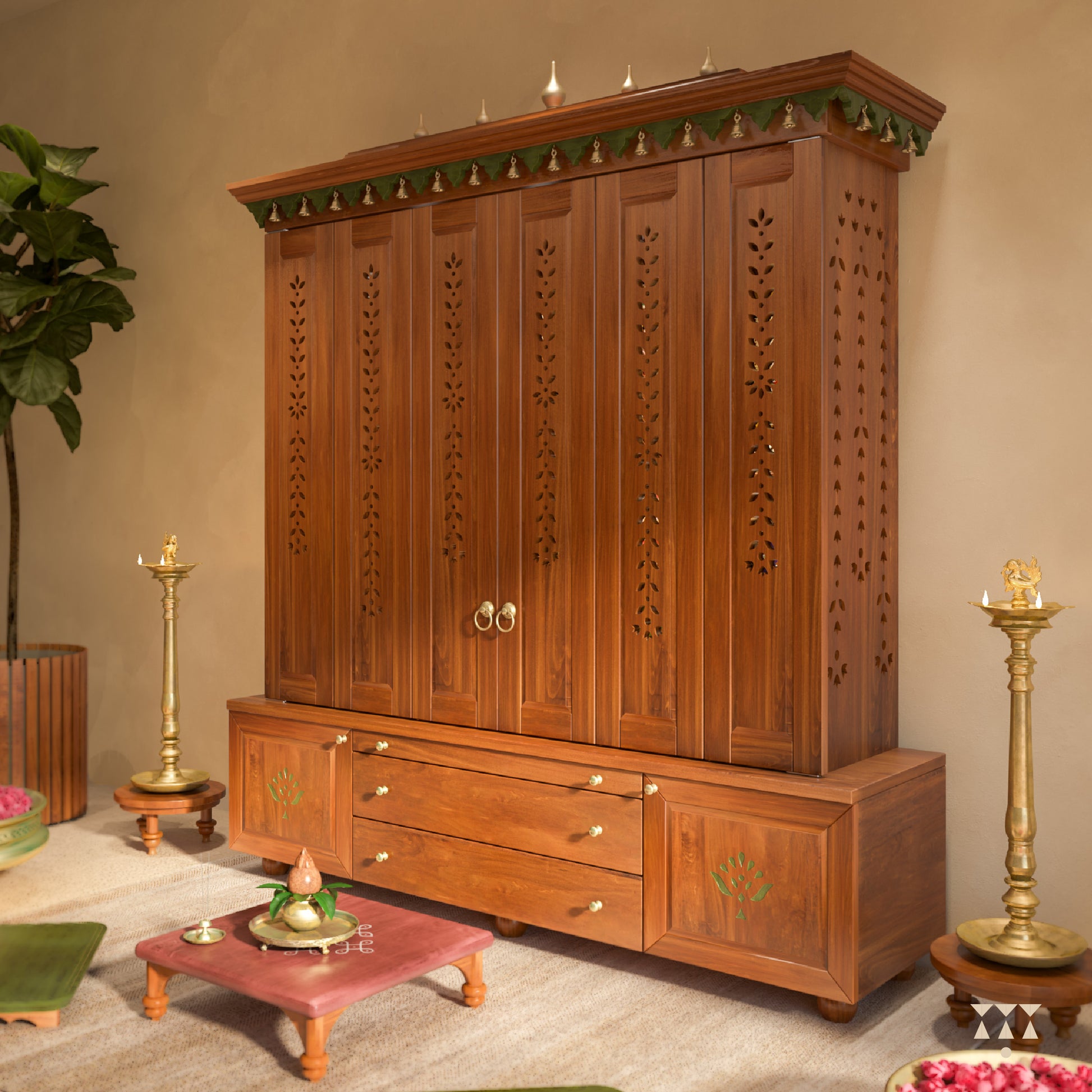 Wooden pooja temple with decorative elements in a room setting