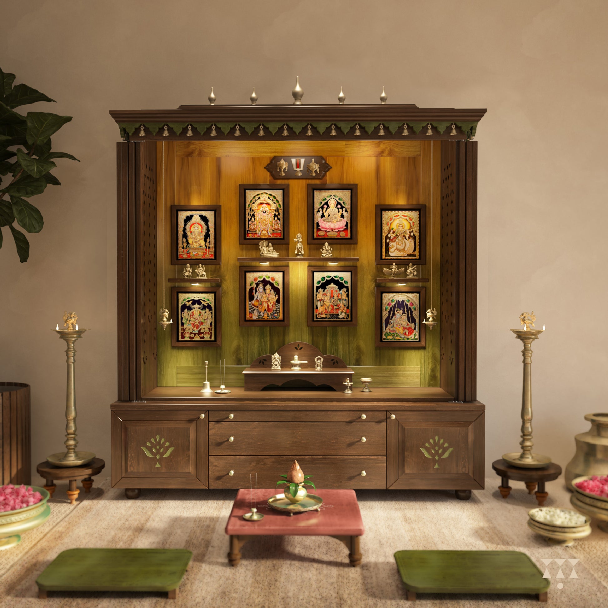 Wooden pooja altar with decorative elements, tanjore deity frames and brass accessories in a room setting.