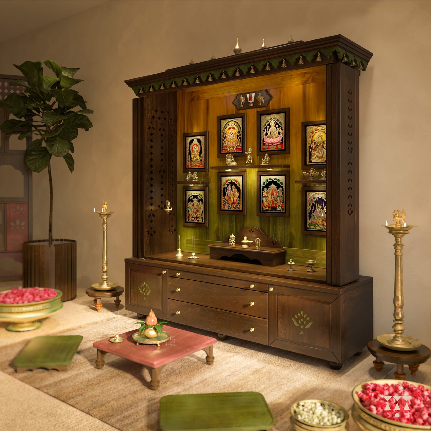 Wooden pooja altar with decorative elements, tanjore deity frames and brass accessories in a room setting.