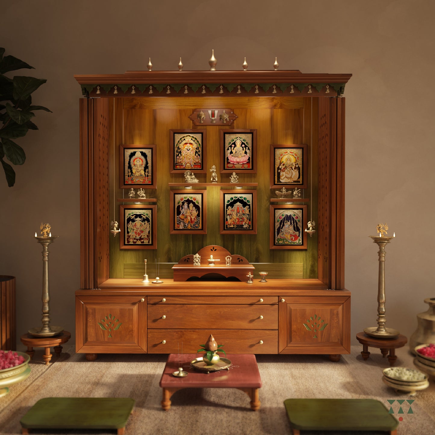 Wooden pooja altar with decorative elements, tanjore deity frames and brass accessories in a room setting.