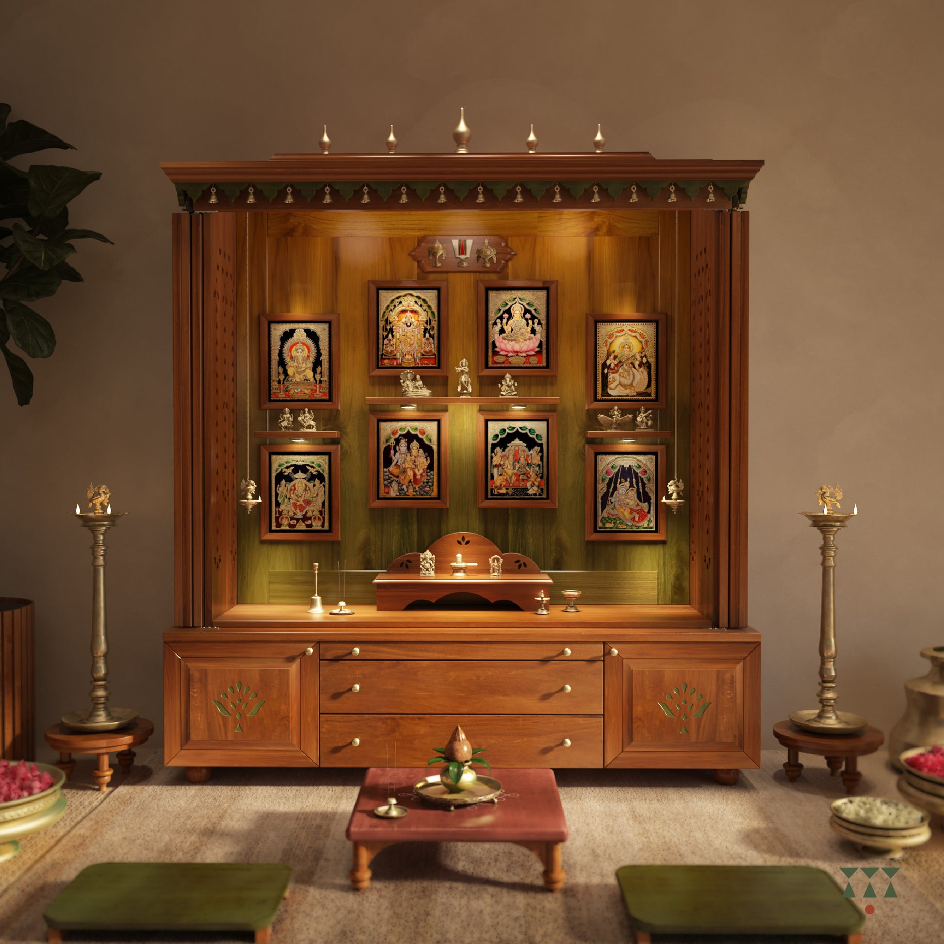 Wooden pooja altar with decorative elements, tanjore deity frames and brass accessories in a room setting.