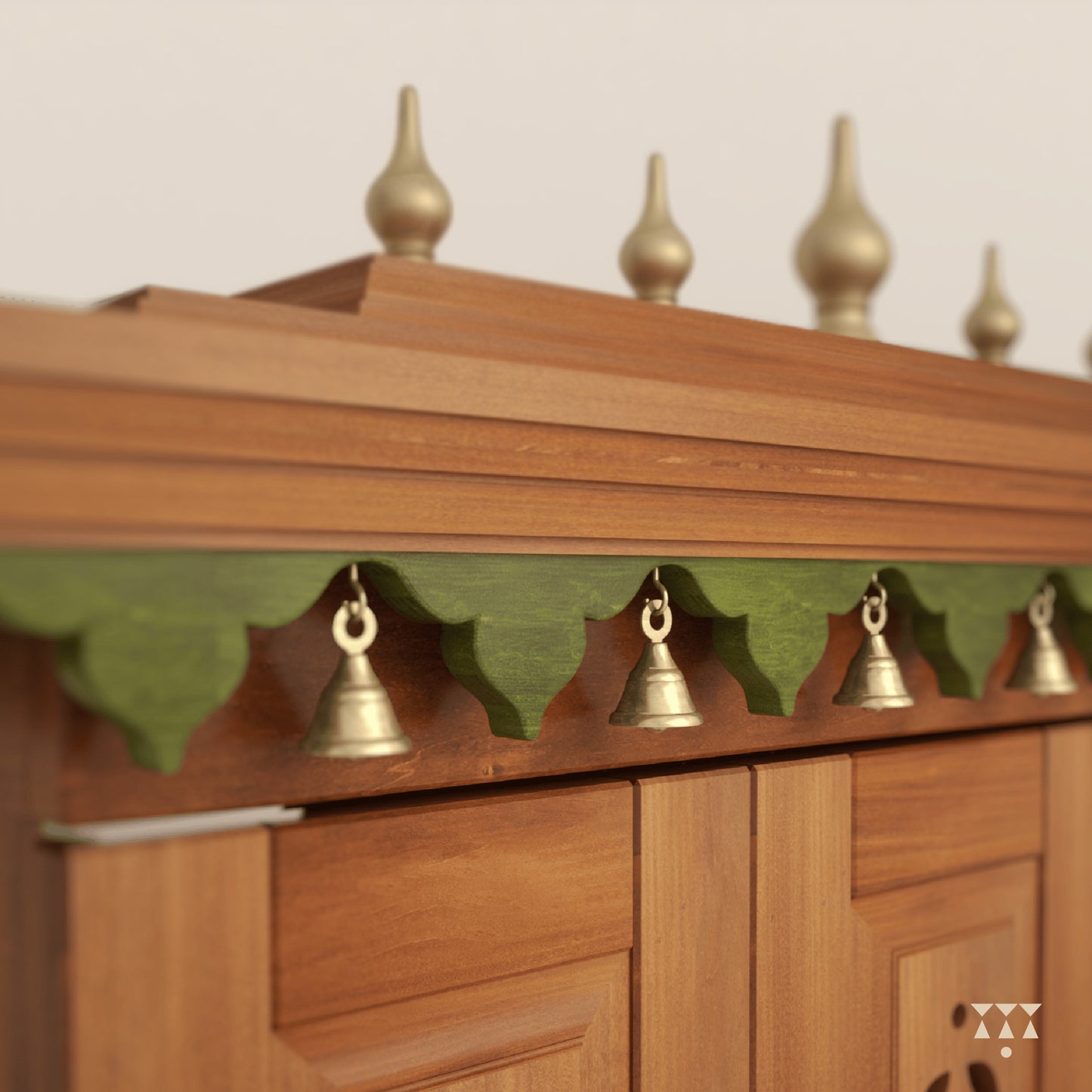 Wooden structure with brass bells on a plain background